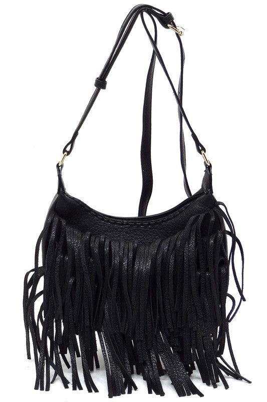 Fringe Hobo Crossbody Bag Faux Vegan Leather Zip Top Adjustable Strap