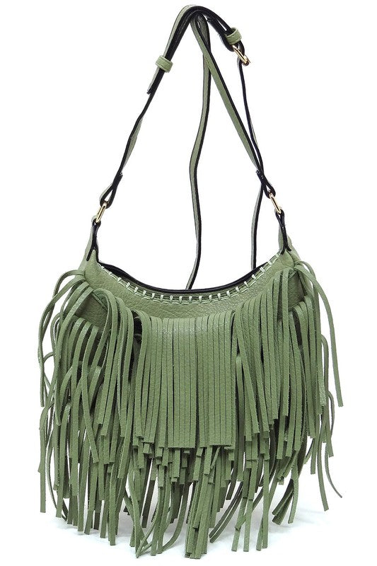 Fringe Hobo Crossbody Bag Faux Vegan Leather Zip Top Adjustable Strap