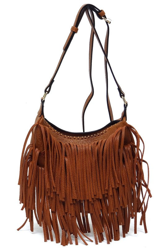 Fringe Hobo Crossbody Bag Faux Vegan Leather Zip Top Adjustable Strap