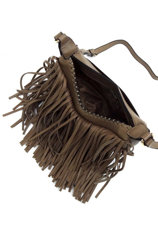 Fringe Hobo Crossbody Bag Faux Vegan Leather Zip Top Adjustable Strap