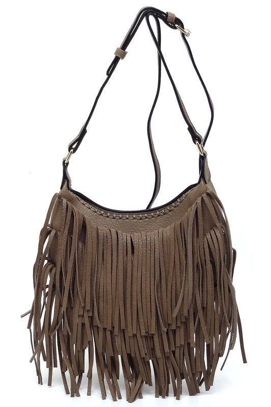 Fringe Hobo Crossbody Bag Faux Vegan Leather Zip Top Adjustable Strap