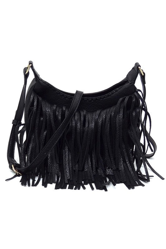 Fringe Hobo Crossbody Bag Faux Vegan Leather Zip Top Adjustable Strap