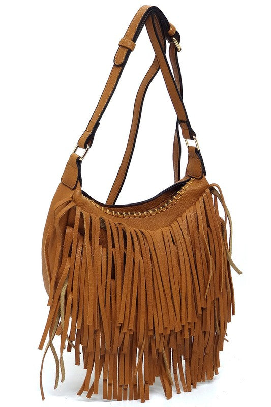 Fringe Hobo Crossbody Bag Faux Vegan Leather Zip Top Adjustable Strap