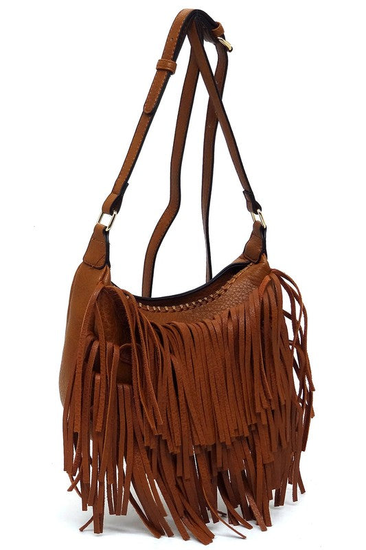 Fringe Hobo Crossbody Bag Faux Vegan Leather Zip Top Adjustable Strap
