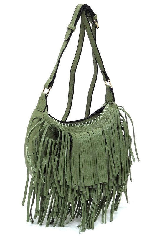 Fringe Hobo Crossbody Bag Faux Vegan Leather Zip Top Adjustable Strap