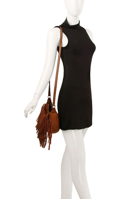 Fringe Hobo Crossbody Bag Faux Vegan Leather Zip Top Adjustable Strap