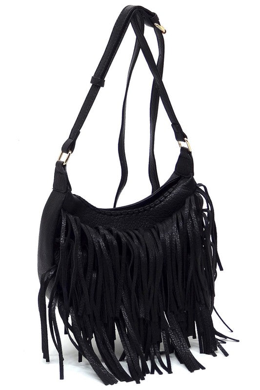 Fringe Hobo Crossbody Bag Faux Vegan Leather Zip Top Adjustable Strap