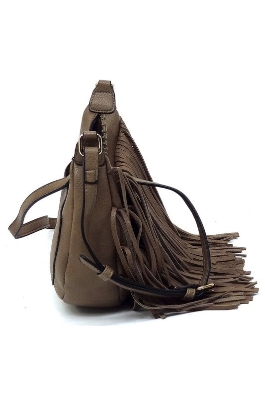 Fringe Hobo Crossbody Bag Faux Vegan Leather Zip Top Adjustable Strap