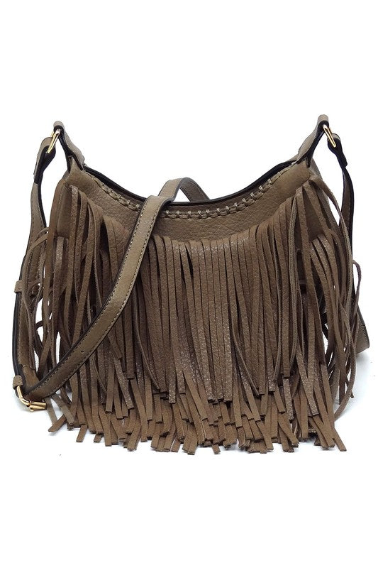 Fringe Hobo Crossbody Bag Faux Vegan Leather Zip Top Adjustable Strap