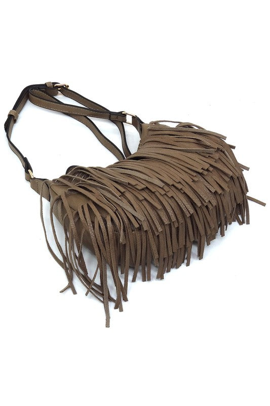 Fringe Hobo Crossbody Bag Faux Vegan Leather Zip Top Adjustable Strap