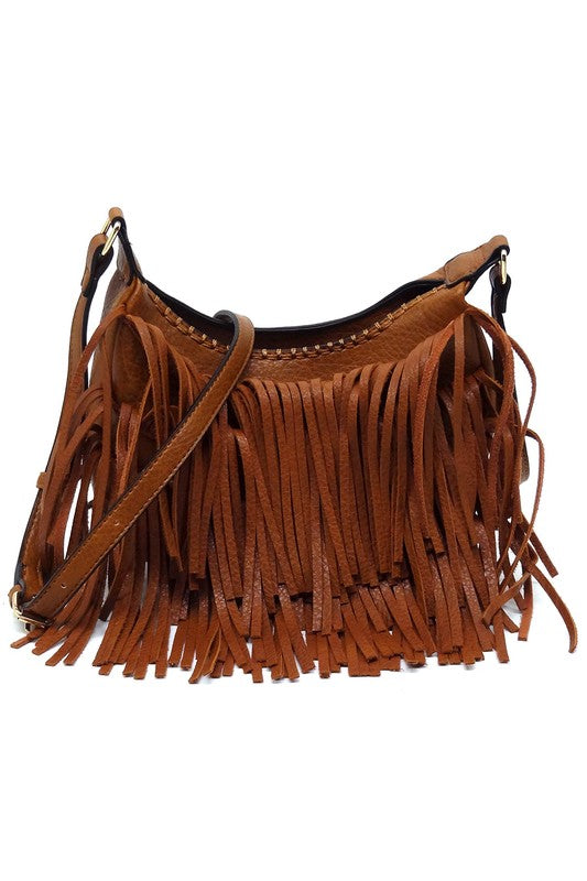 Fringe Hobo Crossbody Bag Faux Vegan Leather Zip Top Adjustable Strap