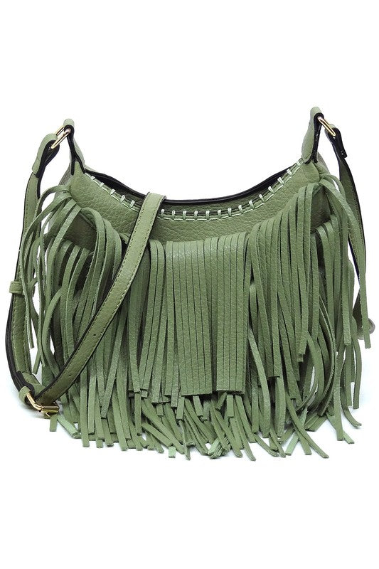 Fringe Hobo Crossbody Bag Faux Vegan Leather Zip Top Adjustable Strap