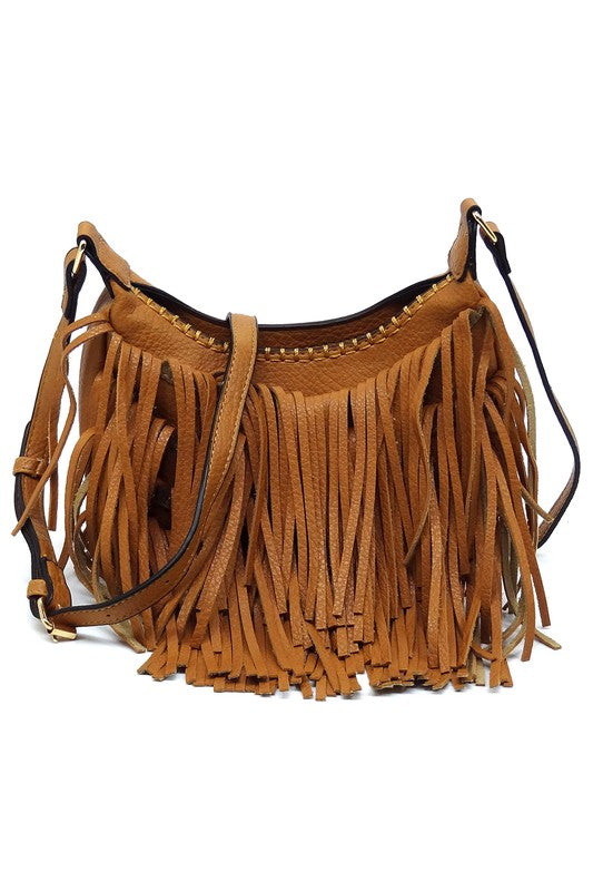 Fringe Hobo Crossbody Bag Faux Vegan Leather Zip Top Adjustable Strap