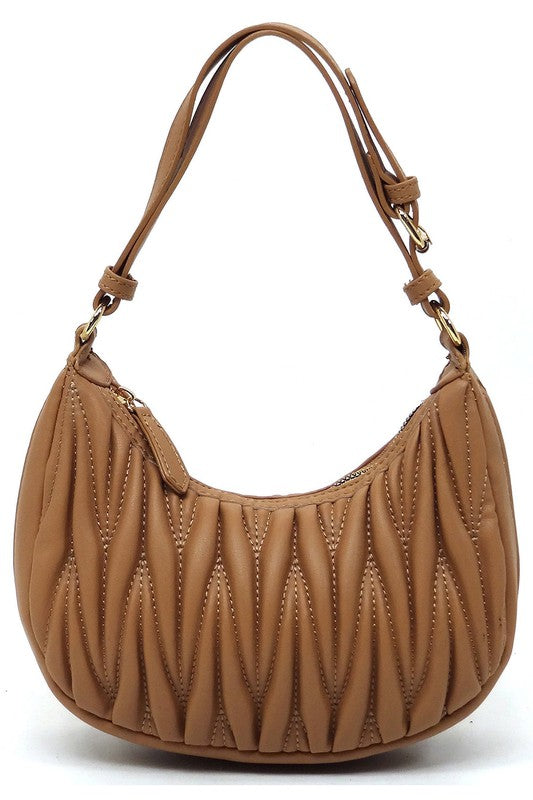 Chevron Quilted Hobo Bag Faux Vegan Leather Zip Top Closure Adjustable Strap