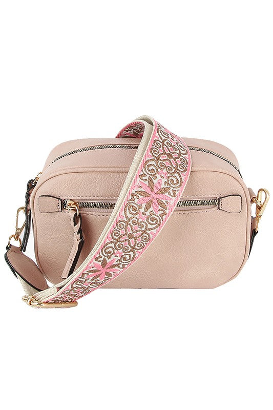 Guitar Strap Crossbody Bag Faux Vegan Leather Zip Top Closure Gold Hardware