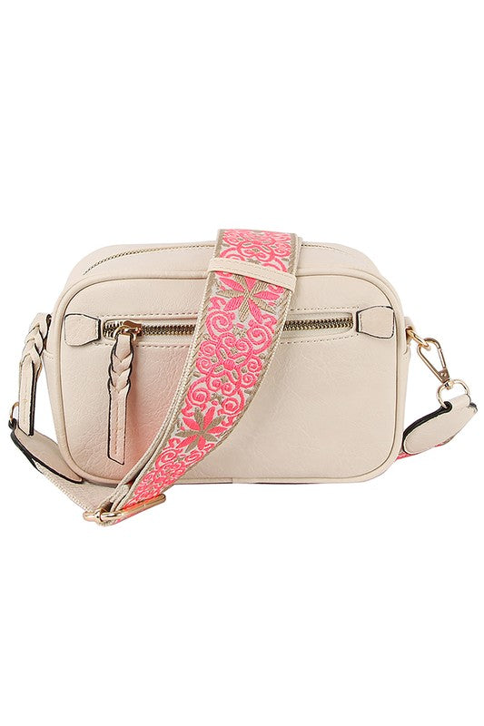 Guitar Strap Crossbody Bag Faux Vegan Leather Zip Top Closure Gold Hardware