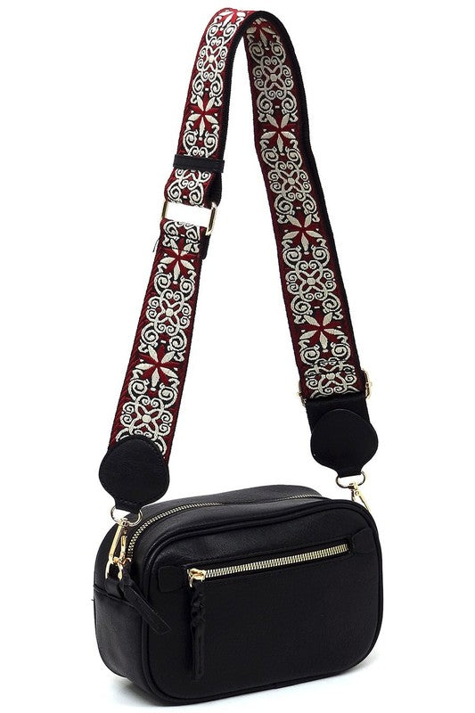 Guitar Strap Crossbody Bag Faux Vegan Leather Zip Top Closure Gold Hardware