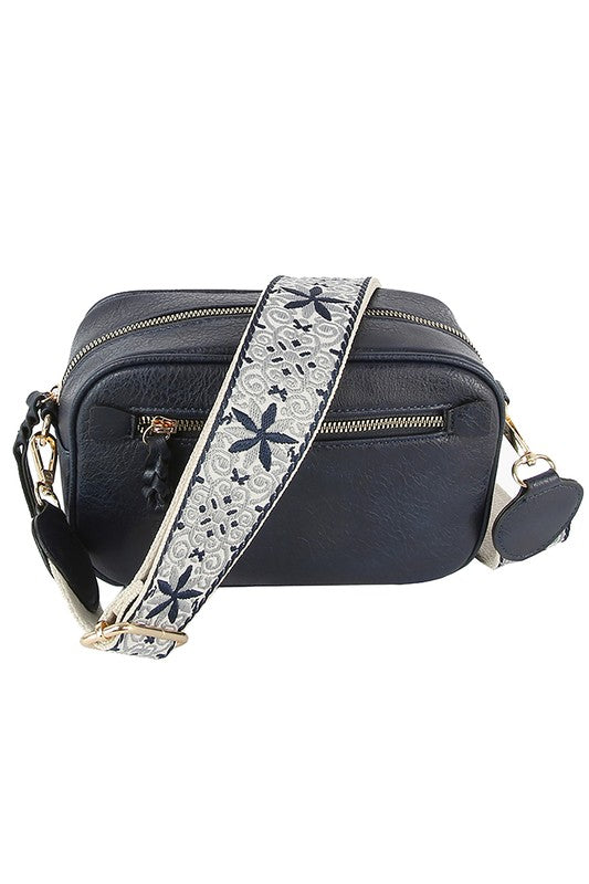 Guitar Strap Crossbody Bag Faux Vegan Leather Zip Top Closure Gold Hardware