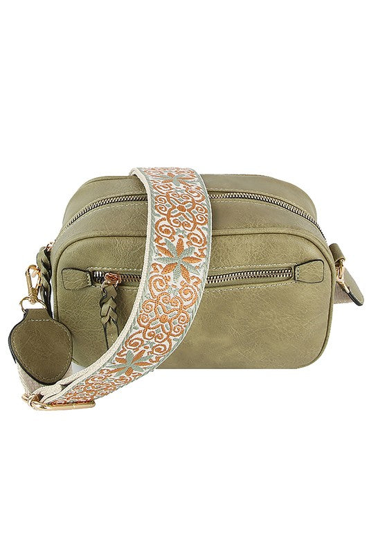 Guitar Strap Crossbody Bag Faux Vegan Leather Zip Top Closure Gold Hardware