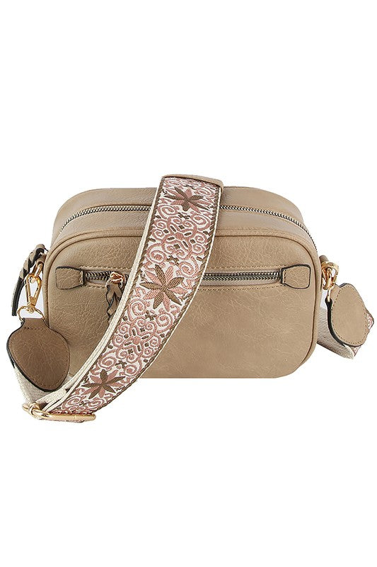 Guitar Strap Crossbody Bag Faux Vegan Leather Zip Top Closure Gold Hardware
