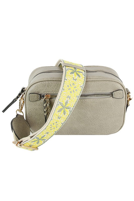 Guitar Strap Crossbody Bag Faux Vegan Leather Zip Top Closure Gold Hardware