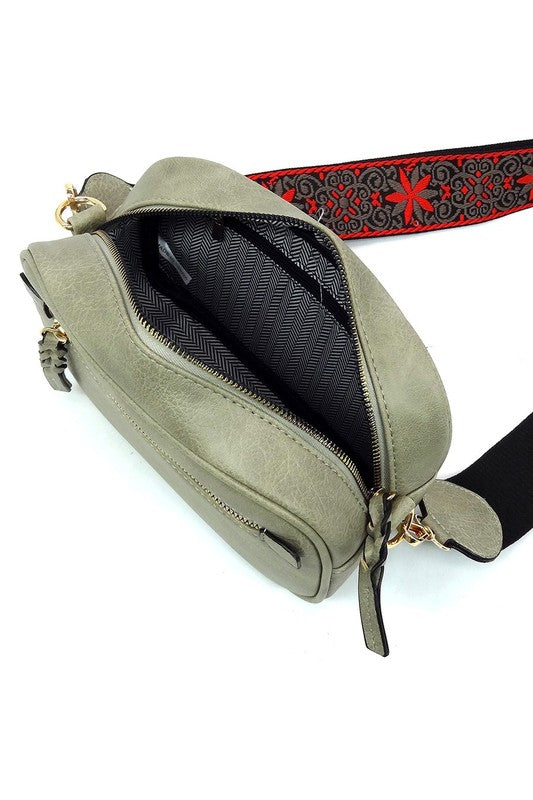Guitar Strap Crossbody Bag Faux Vegan Leather Zip Top Closure Gold Hardware