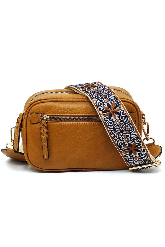 Guitar Strap Crossbody Bag Faux Vegan Leather Zip Top Closure Gold Hardware