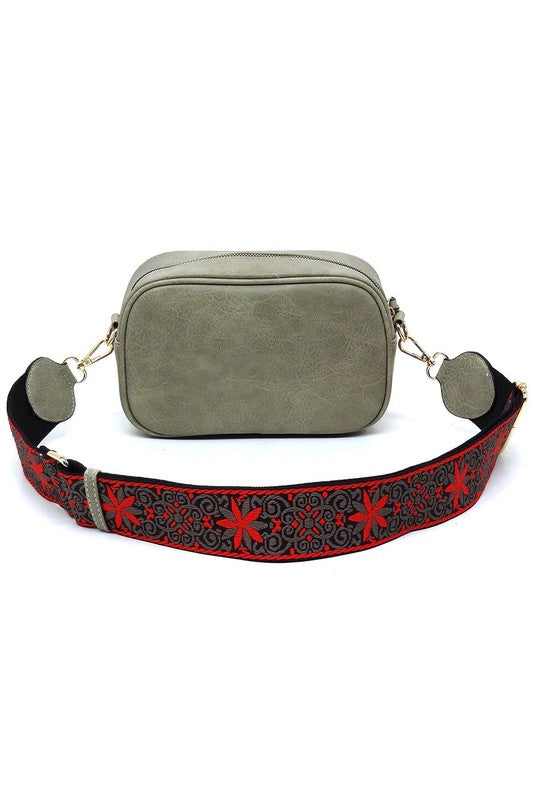 Guitar Strap Crossbody Bag Faux Vegan Leather Zip Top Closure Gold Hardware
