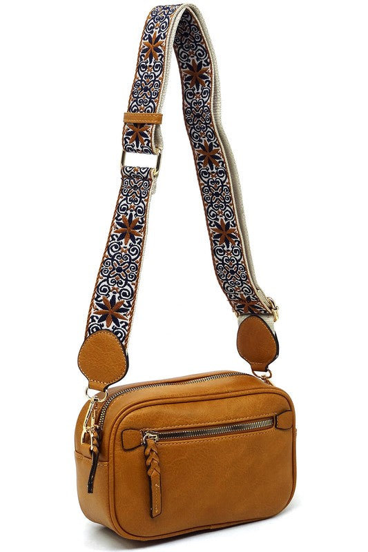 Guitar Strap Crossbody Bag Faux Vegan Leather Zip Top Closure Gold Hardware