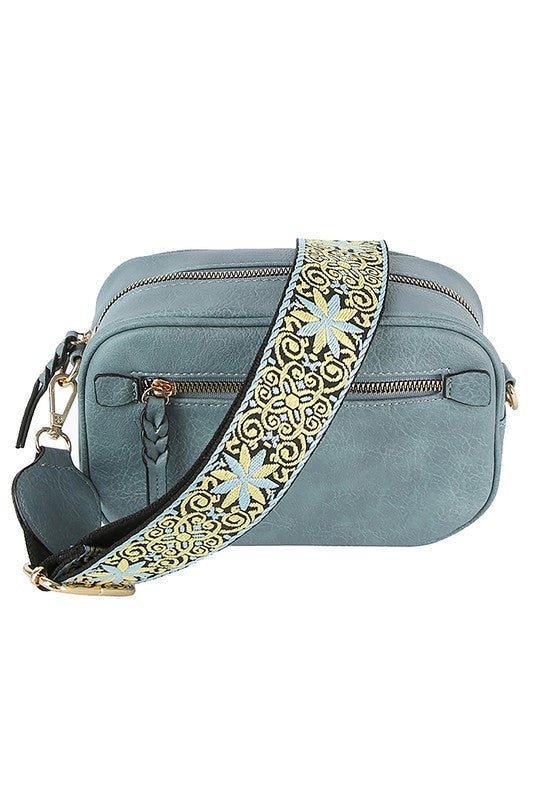 Guitar Strap Crossbody Bag Faux Vegan Leather Zip Top Closure Gold Hardware