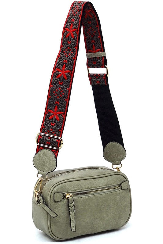 Guitar Strap Crossbody Bag Faux Vegan Leather Zip Top Closure Gold Hardware