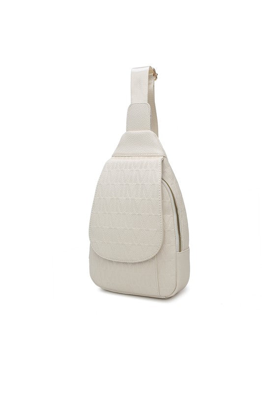 MKF Collection Cleisy Sling Bag Vegan Leather Gold-tone Hardware Adjustable Strap 7.8 x 11.8 x 2.75 Inches Zipper Pockets
