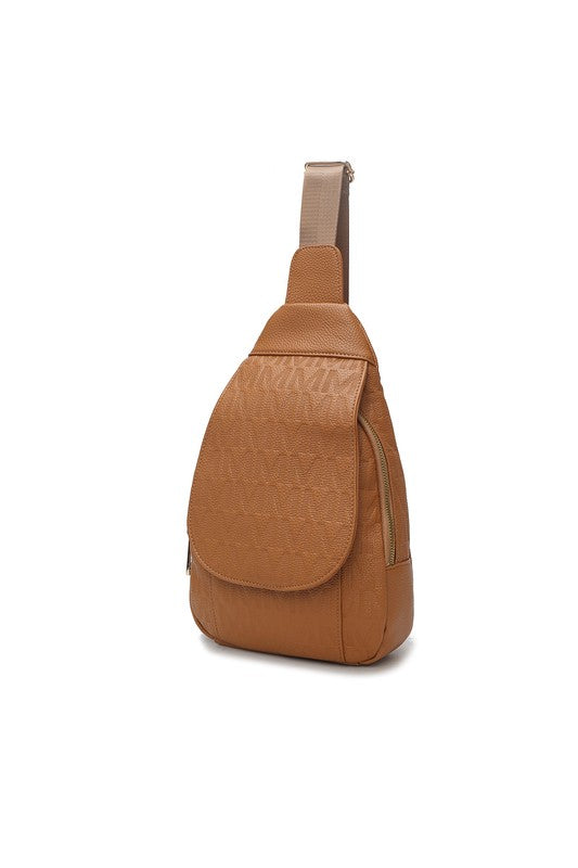 MKF Collection Cleisy Sling Bag Vegan Leather Gold-tone Hardware Adjustable Strap 7.8 x 11.8 x 2.75 Inches Zipper Pockets
