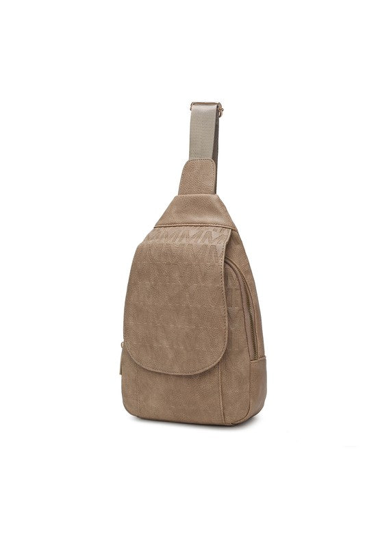 MKF Collection Cleisy Sling Bag Vegan Leather Gold-tone Hardware Adjustable Strap 7.8 x 11.8 x 2.75 Inches Zipper Pockets