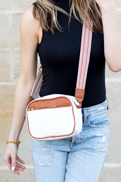 Vegan Leather Camera Crossbody Bag with Adjustable Strap, Gold Hardware, Top Zip Closure, Front Zip Pocket and Interior Pockets