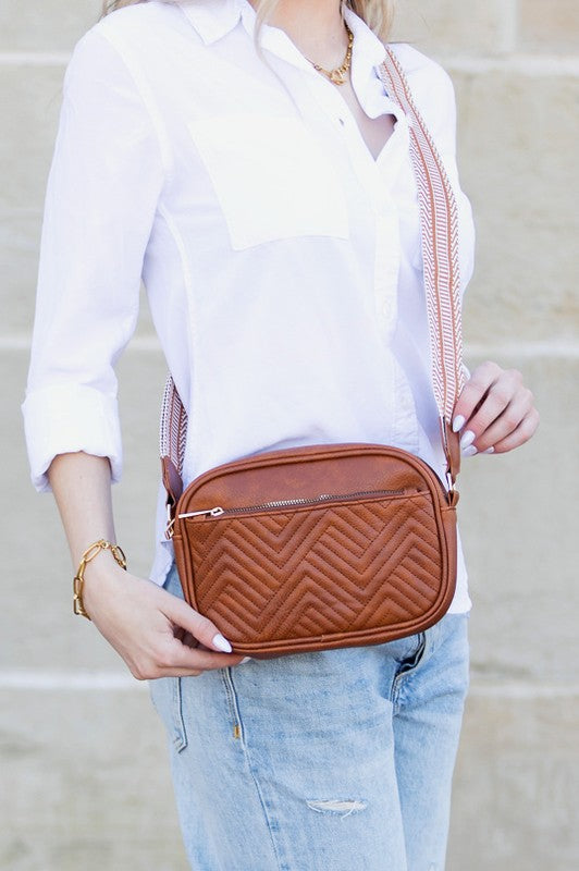 Vegan Leather Camera Crossbody Bag with Adjustable Strap, Gold Hardware, Top Zip Closure, Front Zip Pocket and Interior Pockets