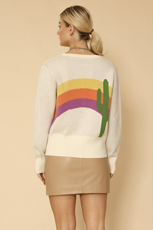 Cactus Rainbow Knit Cardigan V-Neck Button Front Long Sleeve Colorful Design for Women
