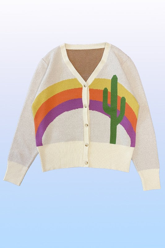 Cactus Rainbow Knit Cardigan V-Neck Button Front Long Sleeve Colorful Design for Women