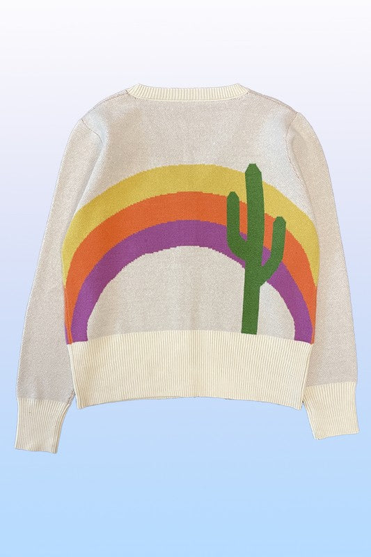 Cactus Rainbow Knit Cardigan V-Neck Button Front Long Sleeve Colorful Design for Women