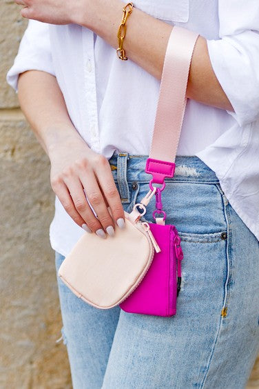Clippable Dual Pouch Wristlet Easy-Wipe Nylon Zipper Closure Detachable Pouches Heavy Duty Clips Open Interior
