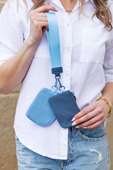 Clippable Dual Pouch Wristlet Easy-Wipe Nylon Zipper Closure Detachable Pouches Heavy Duty Clips Open Interior