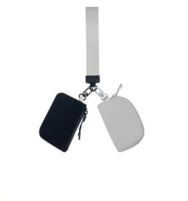 Clippable Dual Pouch Wristlet Easy-Wipe Nylon Zipper Closure Detachable Pouches Heavy Duty Clips Open Interior