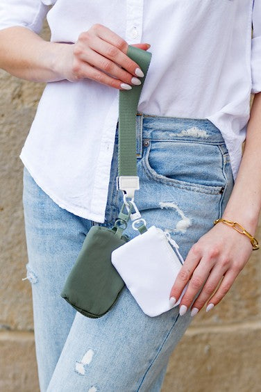 Clippable Dual Pouch Wristlet Easy-Wipe Nylon Zipper Closure Detachable Pouches Heavy Duty Clips Open Interior