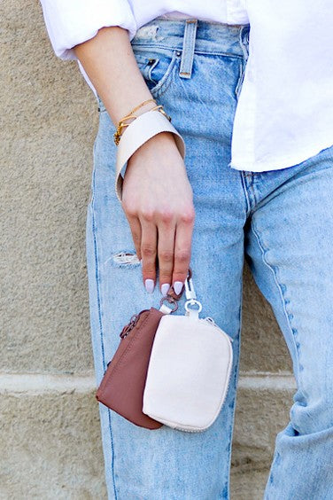 Clippable Dual Pouch Wristlet Easy-Wipe Nylon Zipper Closure Detachable Pouches Heavy Duty Clips Open Interior