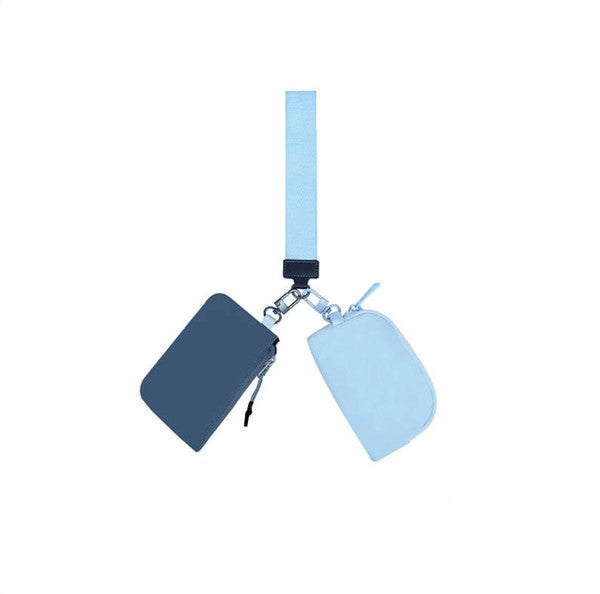 Clippable Dual Pouch Wristlet Easy-Wipe Nylon Zipper Closure Detachable Pouches Heavy Duty Clips Open Interior