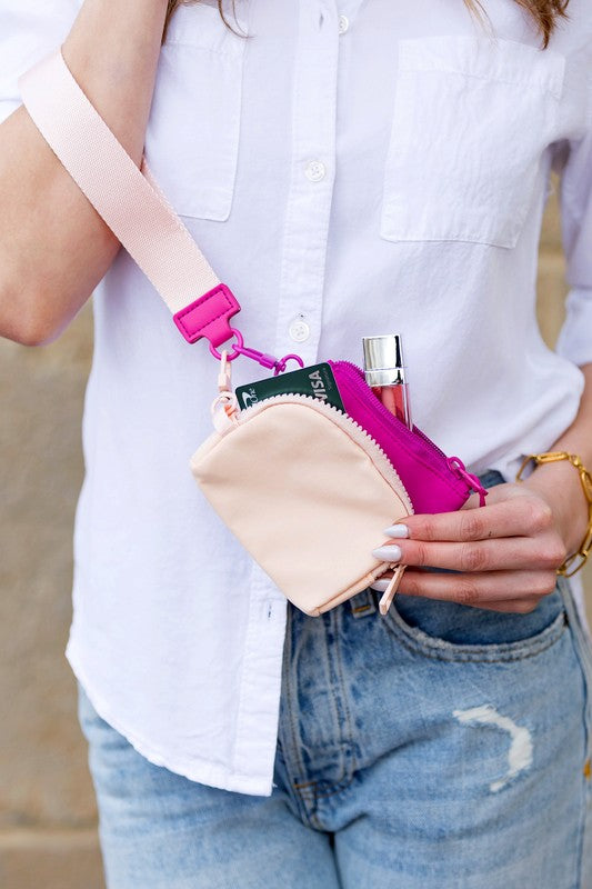 Clippable Dual Pouch Wristlet Easy-Wipe Nylon Zipper Closure Detachable Pouches Heavy Duty Clips Open Interior