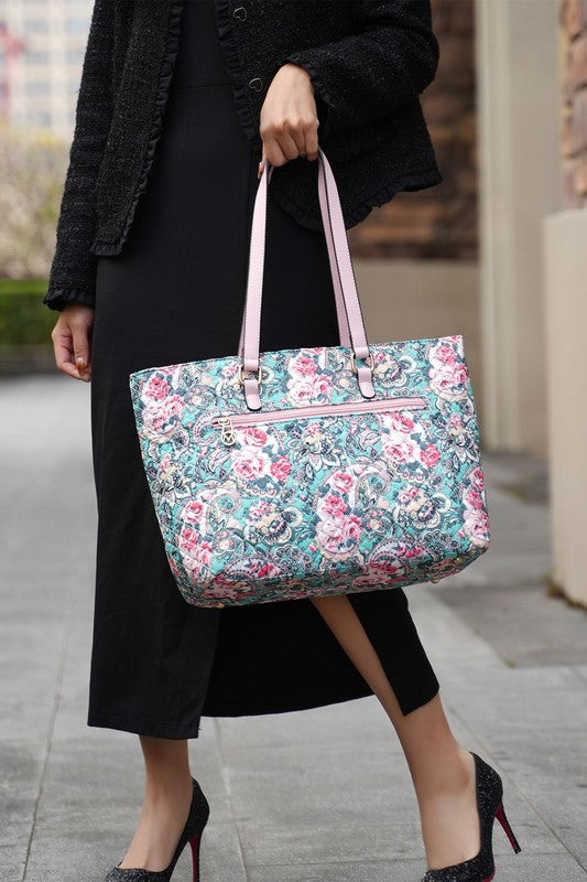 MKF Collection Quilted Cotton Botanical Tote Bag with Gold-tone Hardware and Multiple Pockets for Organization