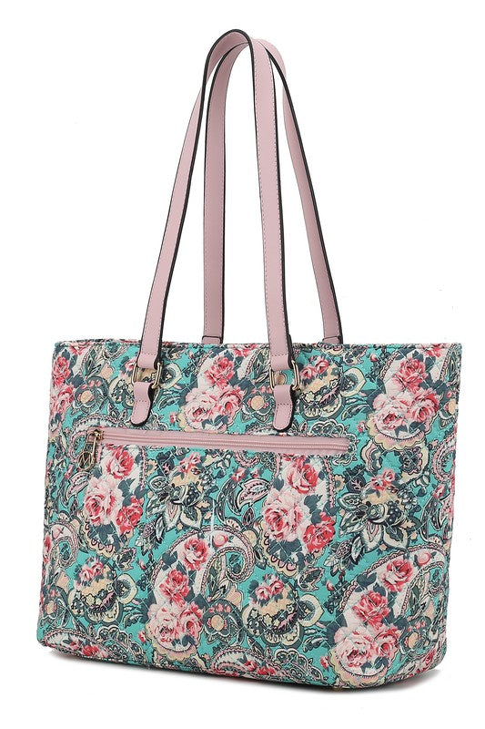 MKF Collection Quilted Cotton Botanical Tote Bag with Gold-tone Hardware and Multiple Pockets for Organization