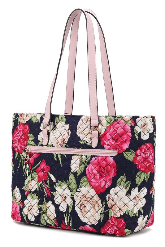 MKF Collection Quilted Cotton Botanical Tote Bag with Gold-tone Hardware and Multiple Pockets for Organization