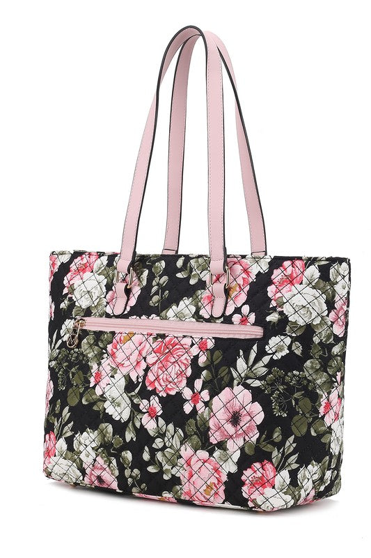 MKF Collection Quilted Cotton Botanical Tote Bag with Gold-tone Hardware and Multiple Pockets for Organization